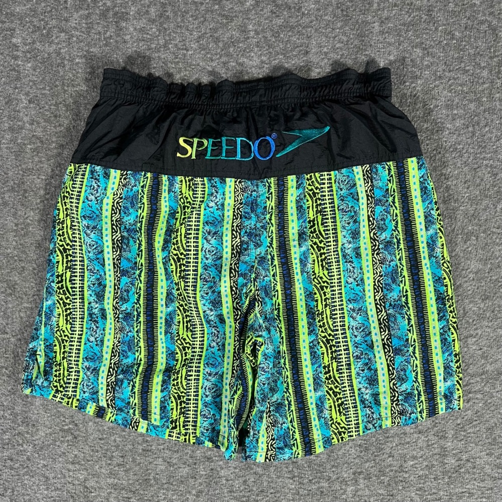 Vintage 90s Speedo Swim Trunks Mens Medium Neon Geometric Tribal Striped Shorts